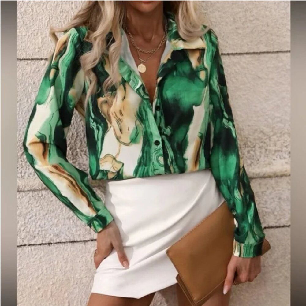 Women's Marble Green Print Button Down Satin Shirt Size S